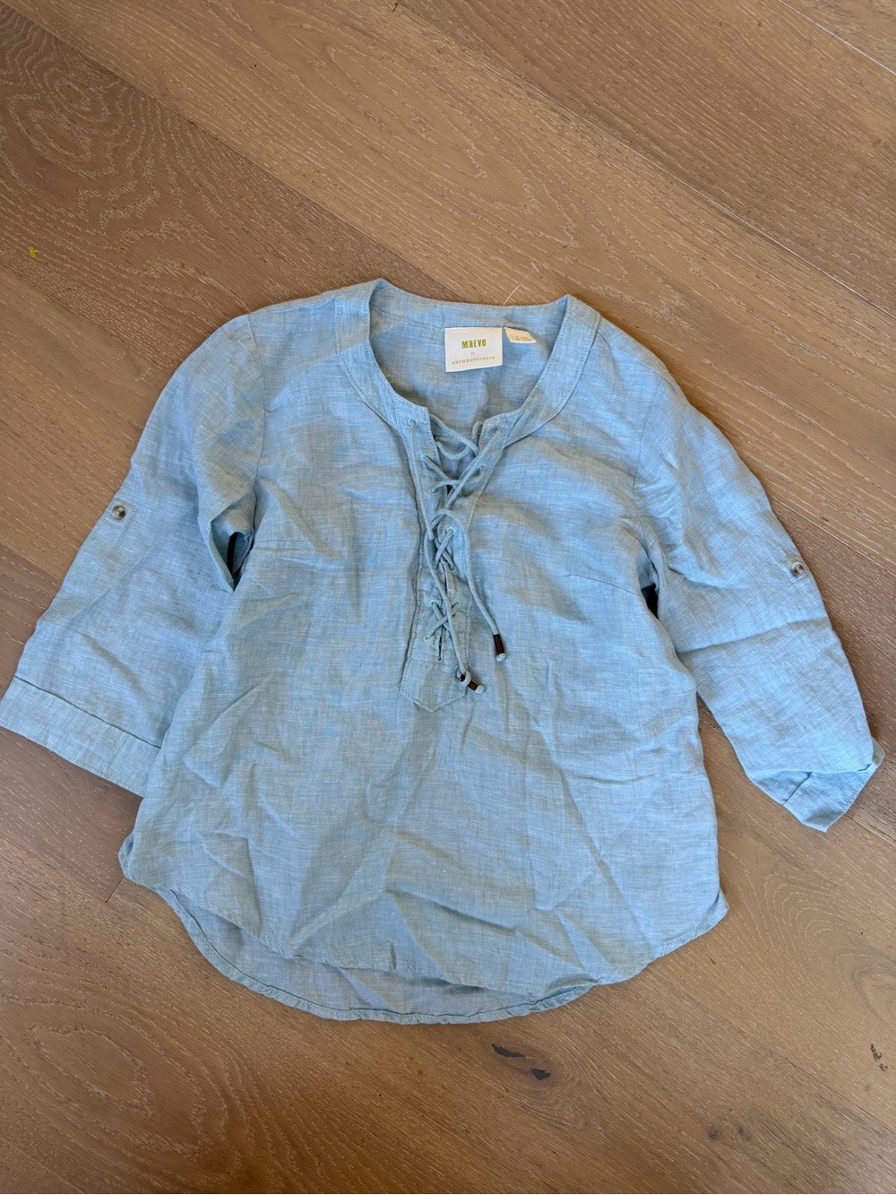 Anthropologie Maeve Light Blue Linen Lace-Up Top